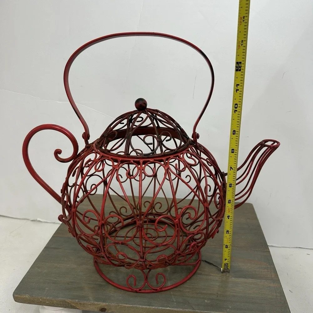 Vtg Large Metal Teapot Basket Filigree Tea Time Metal Home Decor Rustic W Handle